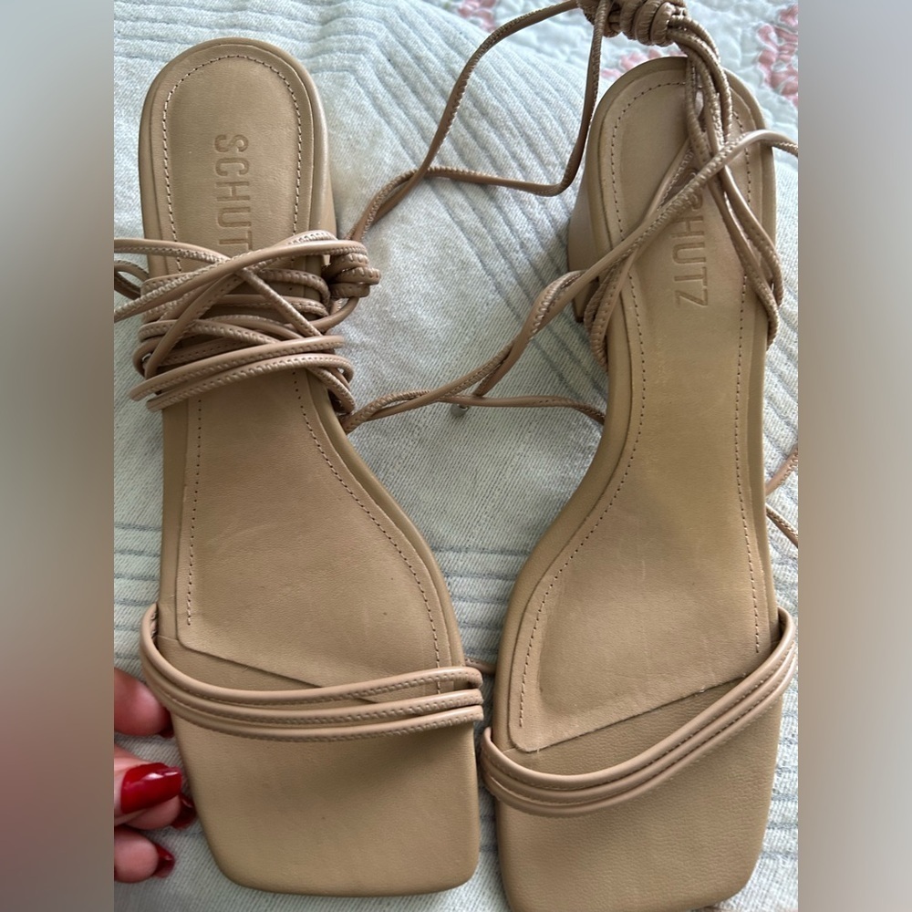 SCHUTZ | Women’s 8.5 B Nude Thea Block Lace Up Sandals